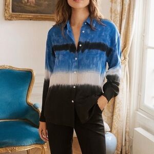 NWT DKNY blue tones tie dye cotton button down shirt Size Small